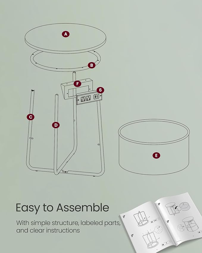 VASAGLE Side Table with Charging Station, Round End Table with Fabric Basket - Image 9