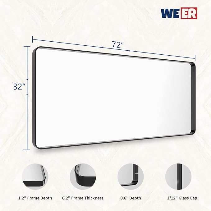WEER Black Metal Framed Mirror 72X32 Inch, Rounded Rectangle Matte Black - Image 6
