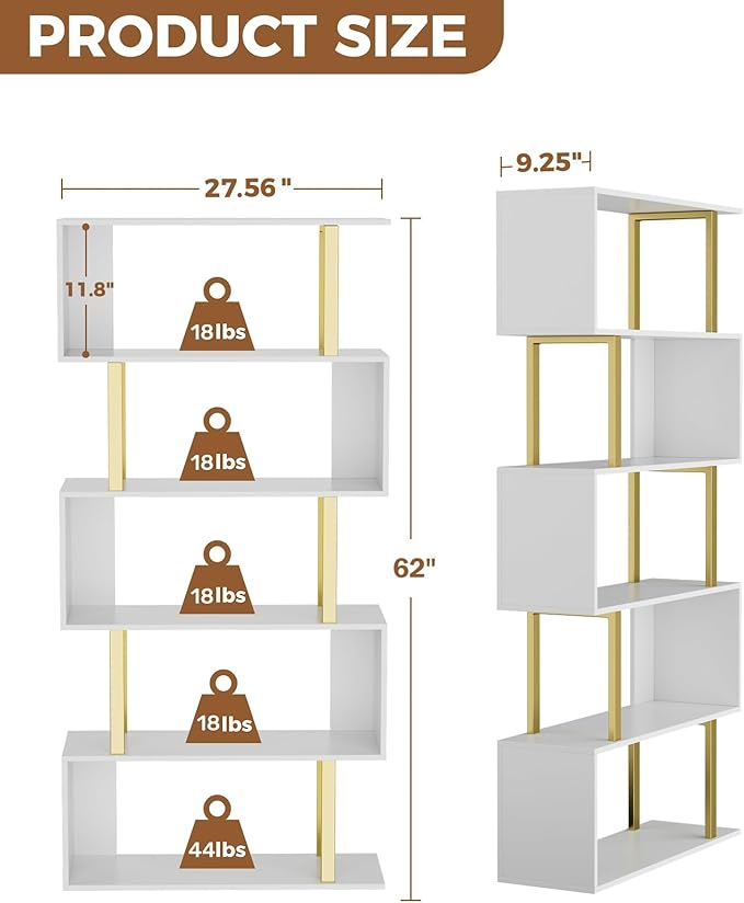 Gadroad 5 Tier Geometric Bookcase, S Shaped Bookshelf, Wood Decorative Storage - Image 3