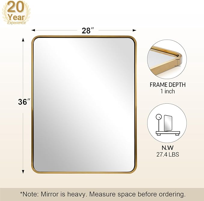 ANDY STAR 28x36 INCH Gold Mirror Bathroom, Brushed Gold Mirrors - Image 2
