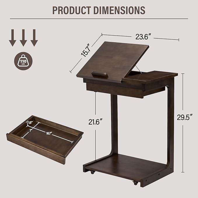 CozyDH Rolling Side Table with Wheels, Adjustable C Shaped End Table - Image 2