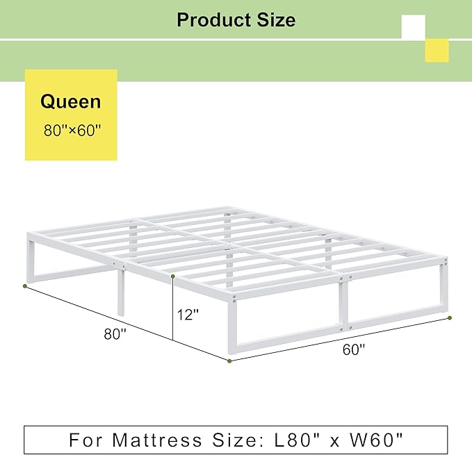 EMODA 12 Inch White Queen Bed Frame, Metal Queen Platform Bed Frame No Box - Image 2