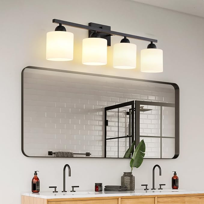 Milk Glass Vanity Lights for Bathroom, 4 Light Matte Black Bathroom Light - Image 6