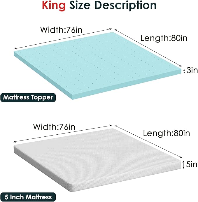 FDW | 5" King Mattress + 3" Cooling Mattress Topper | Gel Memory Foam | Medium - Image 2