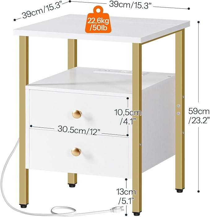 HOOBRO End Table with Charging Station, Bedside Table with 2 Drawer & USB Port - Image 2