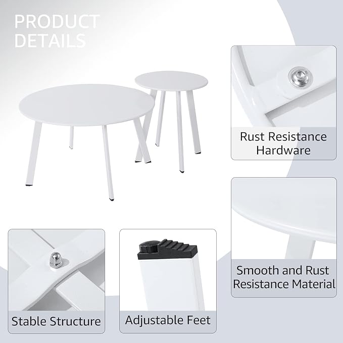 Patio Coffee Table Set of 2, Outdoor Weather Resistant End Table, Round Nesting - Image 5