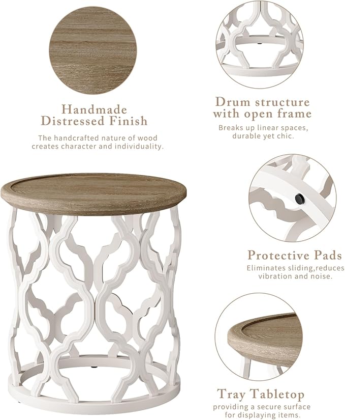 Farmhouse End Table, 18.5'' French Country Round Side Table, Distressed Tray - Image 5