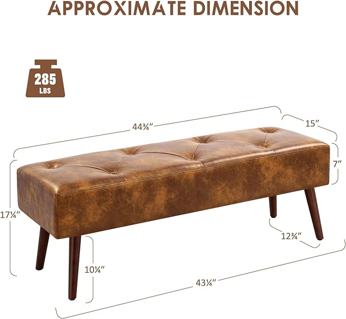 Furniliving 44 Inch Tufted Leather Bench, Leather Footrest Stool Bedroom Bench - Image 3