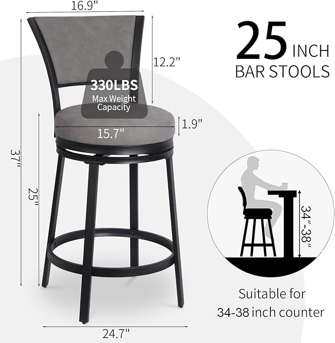Bar Stools, Modern Counter Height Barstools Set of 2, Upholstered Metal Bar - Image 3