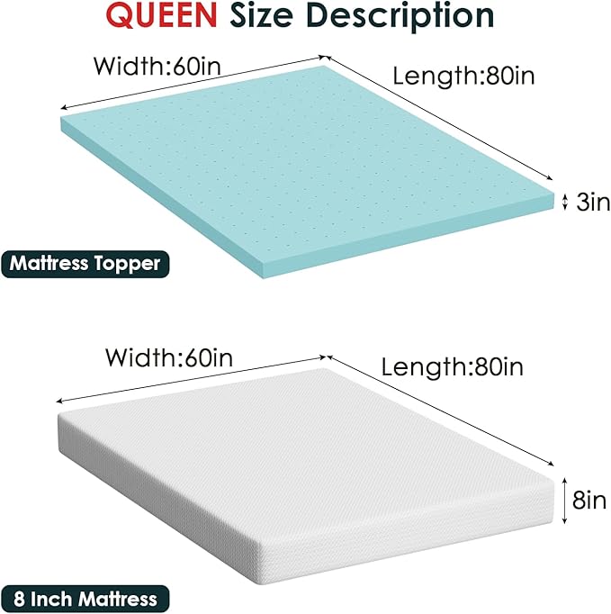 FDW | 8" Queen Mattress + 3" Cooling Mattress Topper | Gel Memory Foam | Medium - Image 2