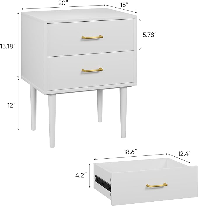 26 H White Nightstand with 2 Drawers, Small Night Stand with Gold Handles - Image 3