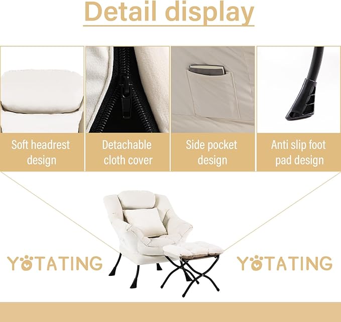 Lazy Chair with Ottoman, Comfy Reading Lounge Chair with Footstool & Throw - Image 4