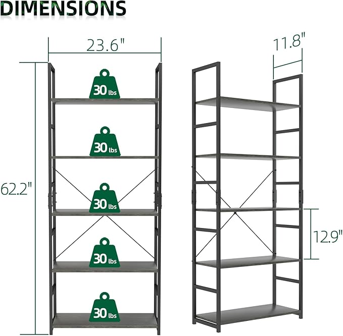 OTK 5 Tier Bookshelf, Tall Bookcase, Office Shelf Storage Organizer, Modern - Image 3
