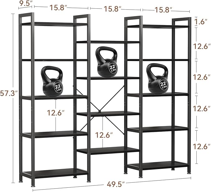 Casaottima Triple 5 Tier Bookshelf, Large Bookcase - Image 2