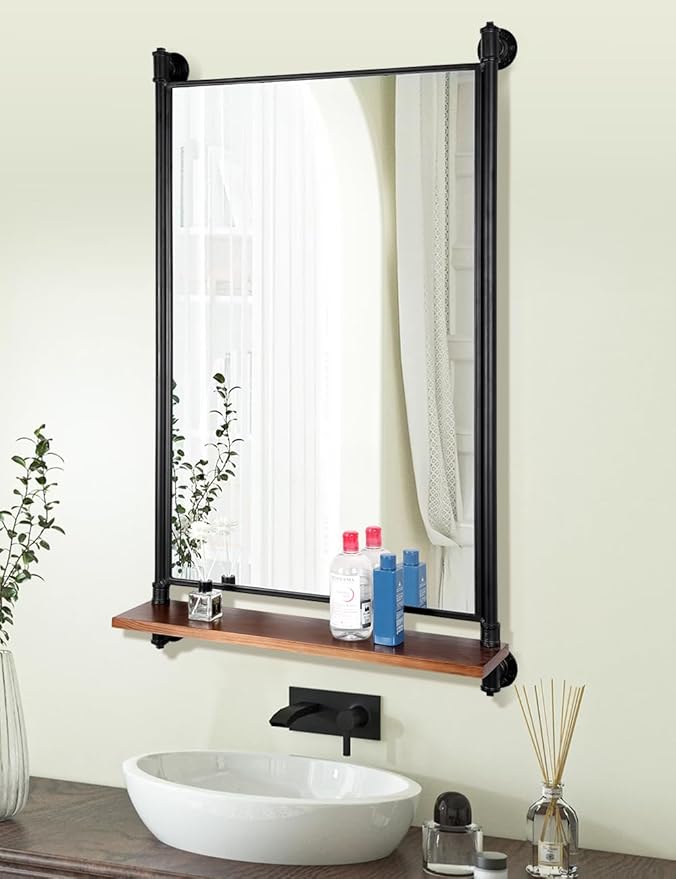 Industrial Pipe Mirror Wood Shelves, Bedroom Mirror - Image 4