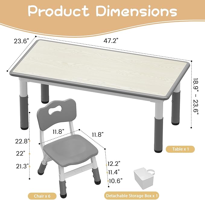 GarveeHome Kids Table and 6 Chairs Set, Height Adjustable Toddler Table and - Image 3