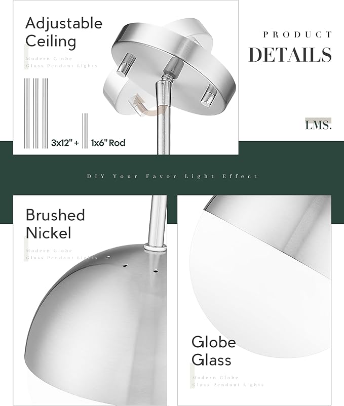 LMS Brushed Nickel Pendant Lights Kitchen Island, Adjustable Hanging Lighting - Image 4