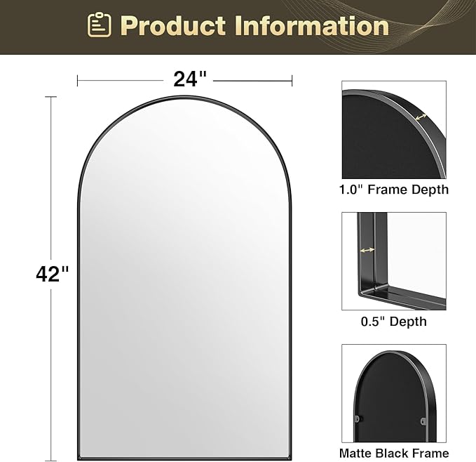 Brightify Arched Mirror, Arched Wall Mirror, 24 x 42 Inch Black Arch Mirror - Image 6
