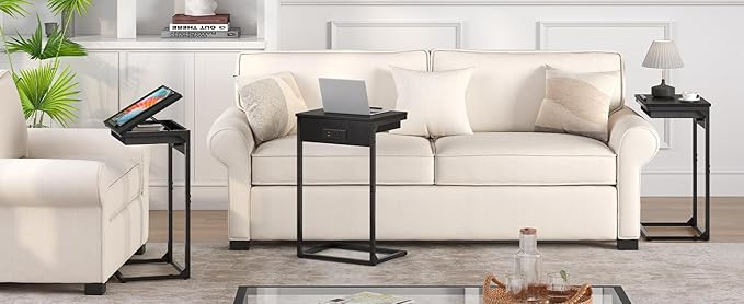 C Shaped End Table with Charging Station, 45° Tiltable Adjustable Flip Top Side - Image 8