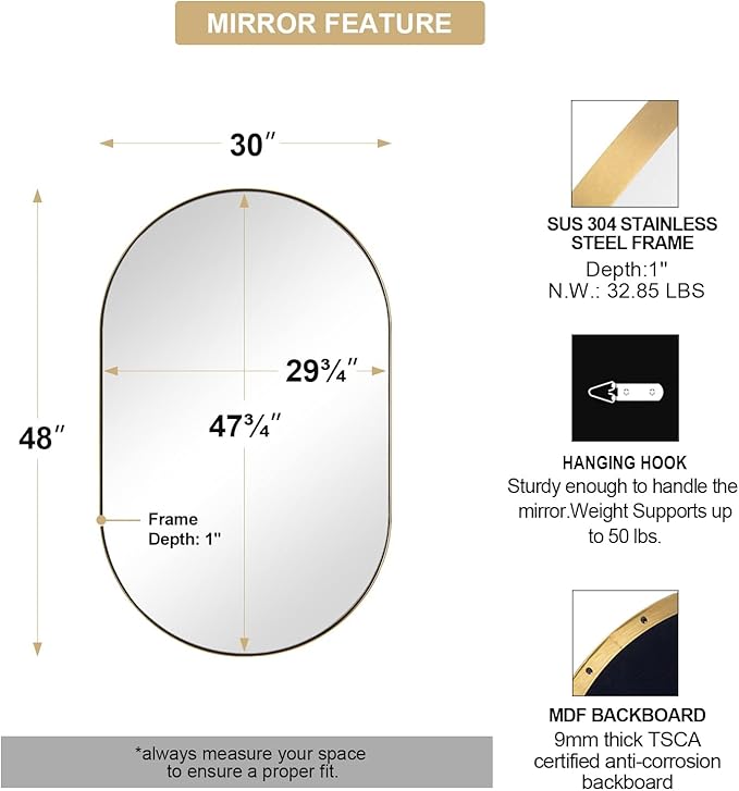ANDY STAR Brushed Gold Bathroom Mirror, 48 x 30 Inch Oval Vanity Mirror - Image 2