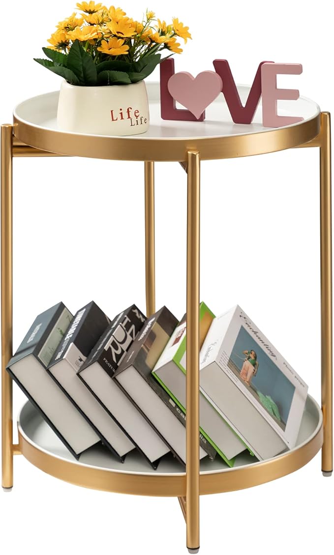 TeoKJ 2 Tier Gold Side Table, Folding Round Metal End Table Small Nightstand by TeoKJ