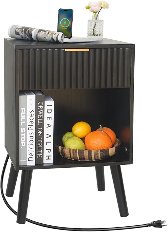 Fluted Black Nightstand with Charging Station, Mid Century Modern Bedside Table by Fultyle