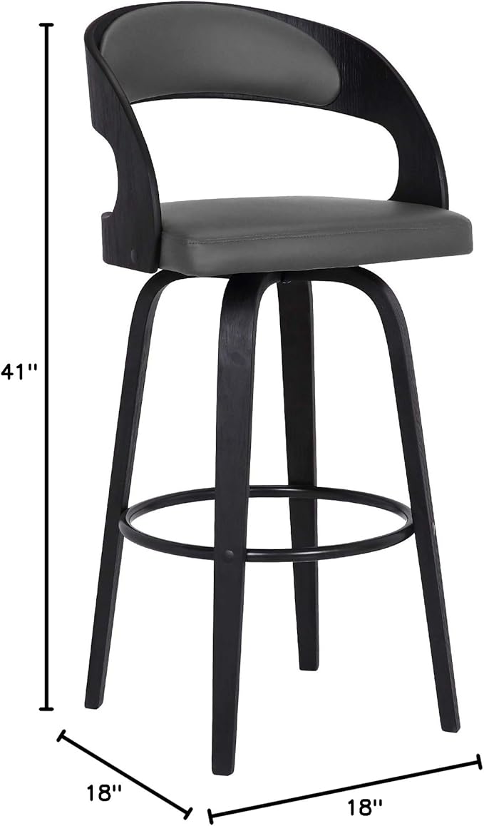 Armen Living Shelly 30" Bar Height Swivel Gray Faux Leather and Black Wood Bar - Image 3
