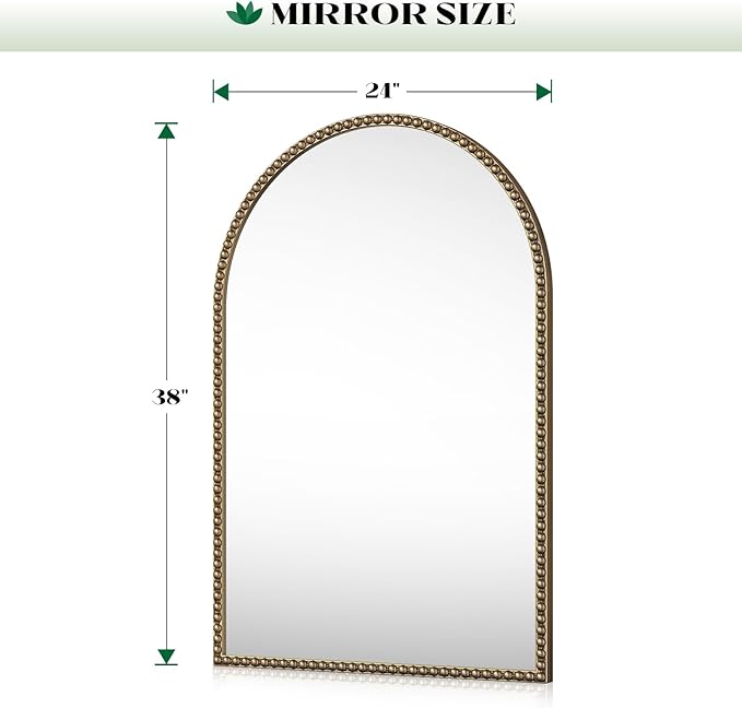 Beaded Arched Mirror for Wall, Retro Brass Metal Frame Decorative Mirror for - Image 9