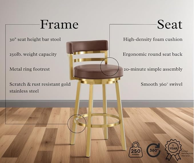 Armen Living Madrid 30" Seat Height Swivel Modern Vintage Coffee Faux Leather - Image 4