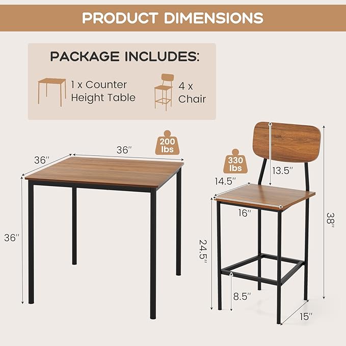 Tangkula Bar Height Table and Chairs, Counter-Height Dining Table Set, Pub - Image 6