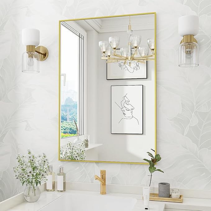 Koonmi Gold Rectangle Wall Mirror, 24x32 Inch Bathroom Mirror, Aluminum Frame by KOONMI