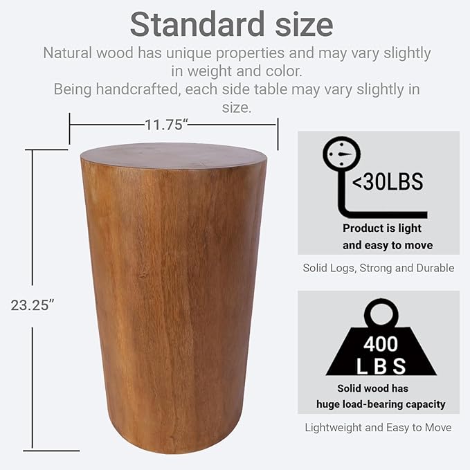 Athaliah Wooden Tree Stump End Table, 23.25" Paulownia Wood Hand Carved Rustic - Image 2