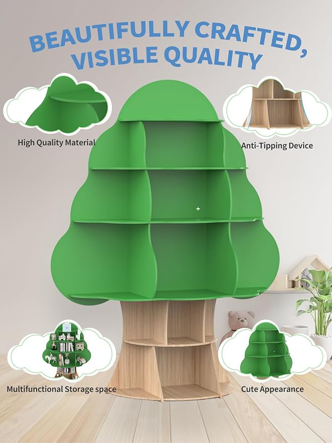 Tree Kids Bookshelf, Toddler Wood Bookcase, 16-Cubby Children Toy Storage - Image 6