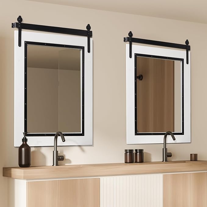 YOSHOOT Farmhouse Barn Door Mirror, Wood Frame Wall Mirror, Wooden Mirror - Image 3
