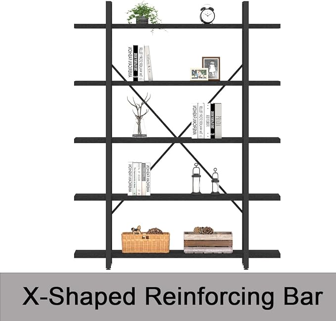 HSH 5 Tier Tall Black Bookshelf, Wood and Metal Storage Book Rack, Industrial - Image 4