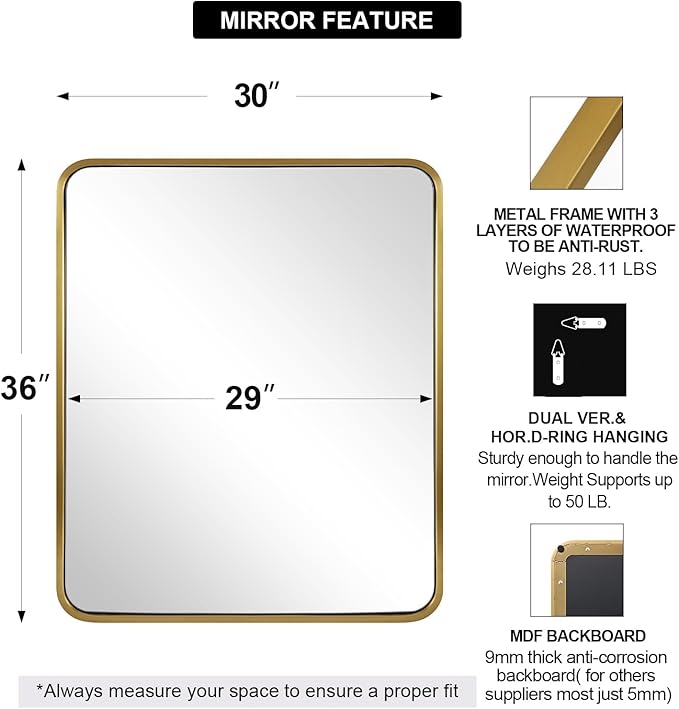 ANDY STAR Gold Bathroom Mirror for Wall, 30x36’’ Brushed Gold Rounded Rectangle - Image 2