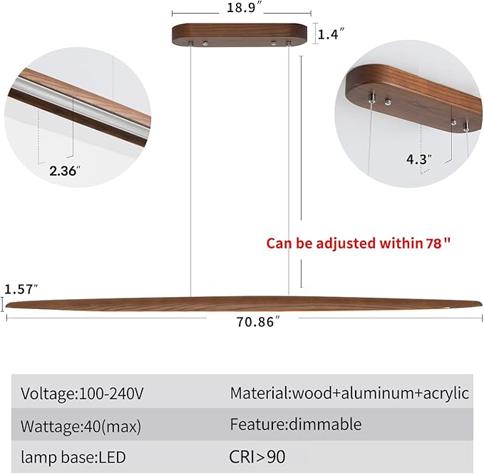 71" Wood Linear Pendant Light Wood Linear Dinning Room Light Island Lights LED - Image 2