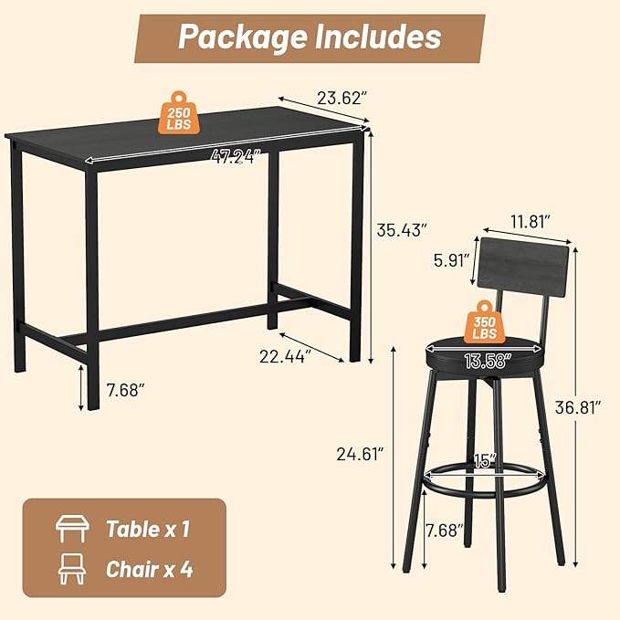 Dining Table Set for 4, 5-Piece Bar Table Set, Kitchen Table and Chairs - Image 2