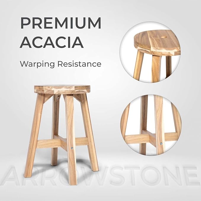 Round Stool Acacia Wood, Easy Assembly, Natural Wax Finish, Wooden Stool - Image 6