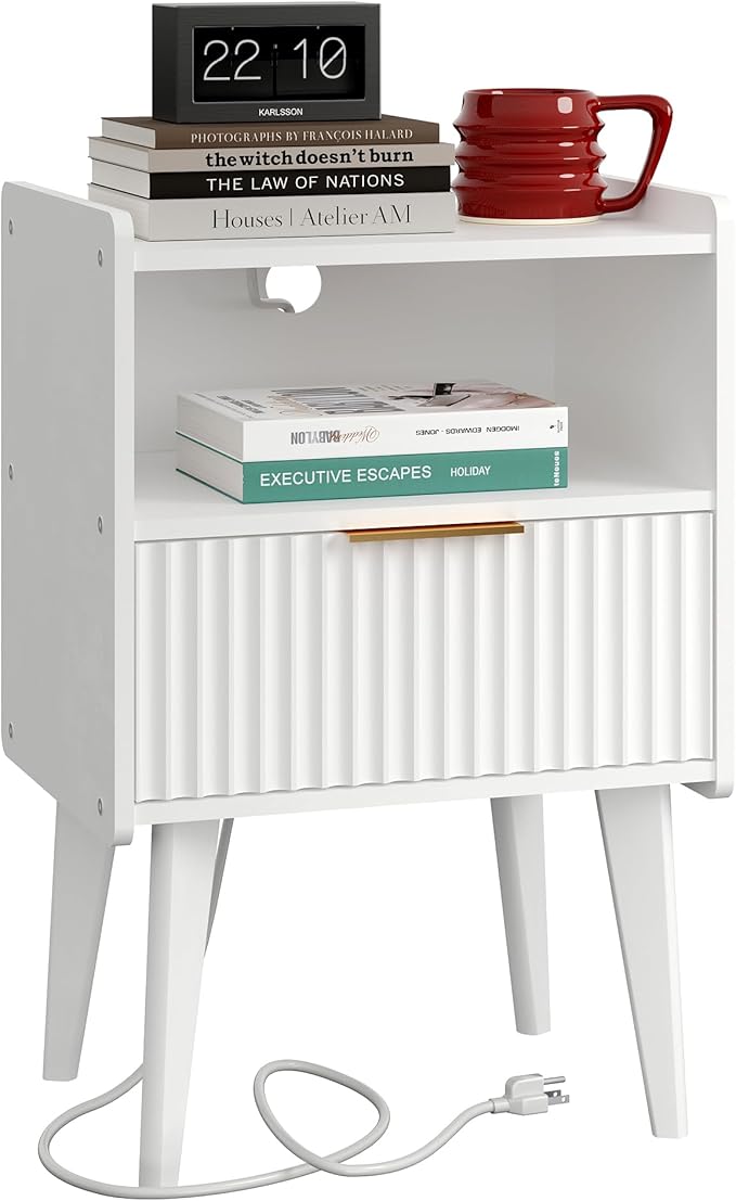 Fluted Nightstand with Charging Station, Modern Bedside Table with Drawer by YAUKOMEL