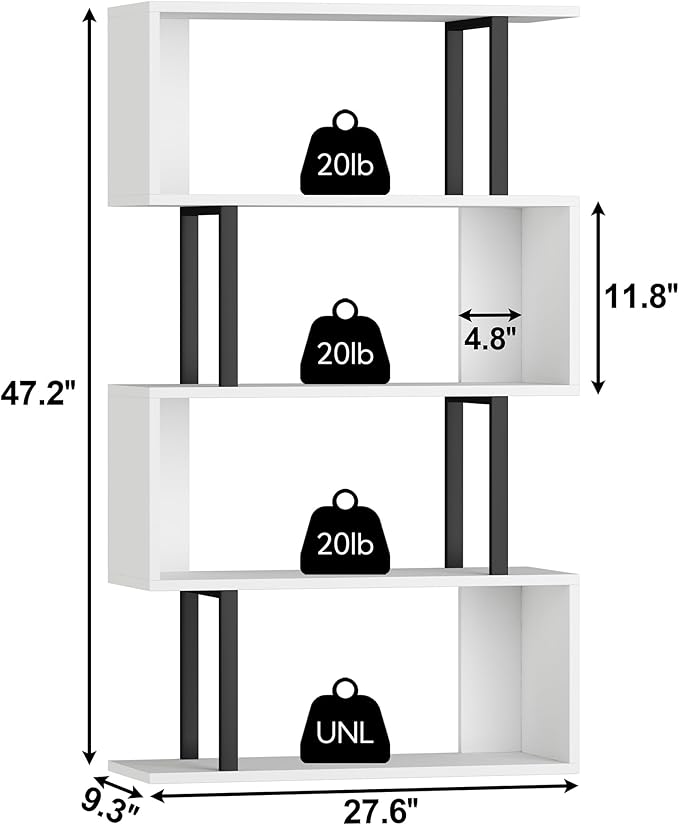 Yusong Geometric Bookcase, S Shaped Bookshelf 4-Tier Book Shelves - Image 3