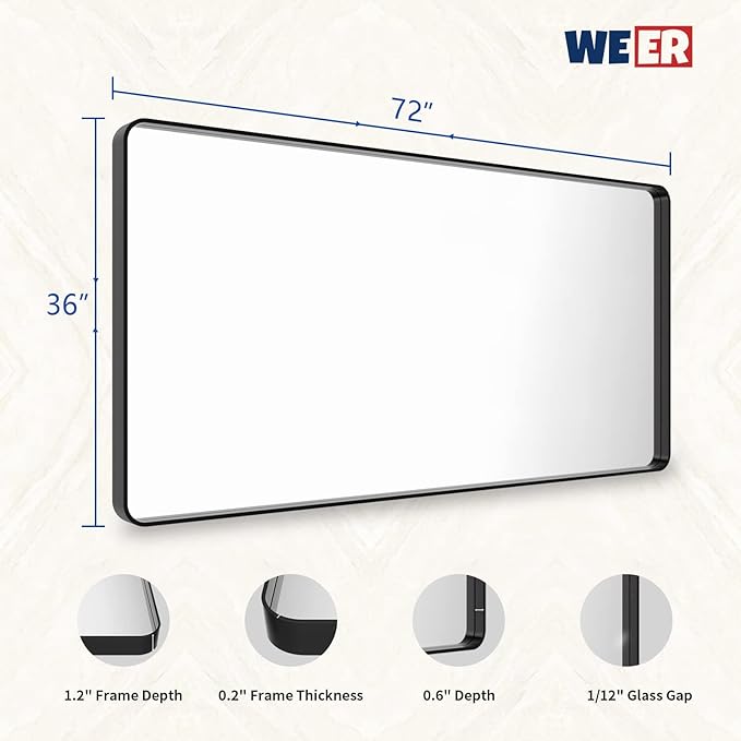 WEER Black Bathroom Mirror 72x36 Inch, Large Rounded Rectangle Matte Black - Image 6