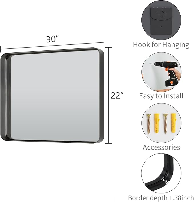 Koonmi Black Bathroom Mirror for Wall, 22x30 Inch Matte Metal Deep Framed - Image 5