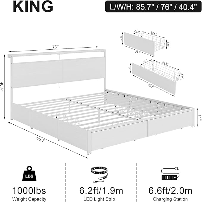 King Bed Frame with 4 Storage Drawers Bed Frame King Size with Headboard LED - Image 2