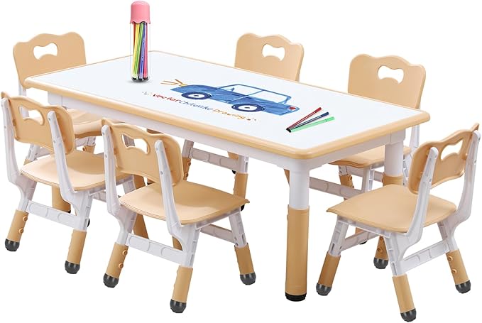 Kids Table and Chair Set Height-Adjustable Toddler & 6-Chair Set by HAPPYMATY