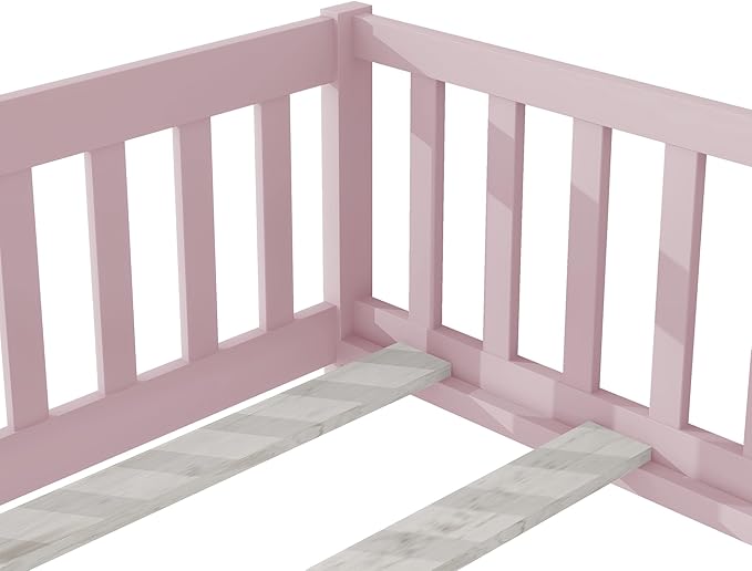 Twin Floor Bed Frame with Slats and Safety Guardrail, Wood Twin Size Montessori - Image 7
