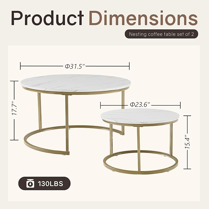 Nesting Tables Set of 2, 31.5" Round Coffee Table, Small Nesting Coffee Table - Image 2