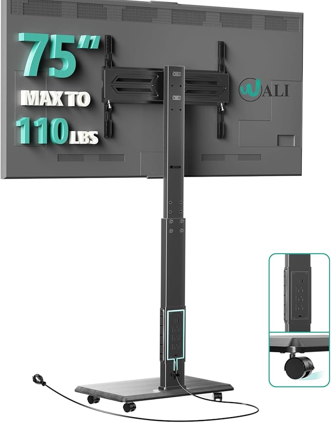 WALI Floor TV Stand with Power Outlet, Rolling Tall TV Stand Mount with Wheels by WALI