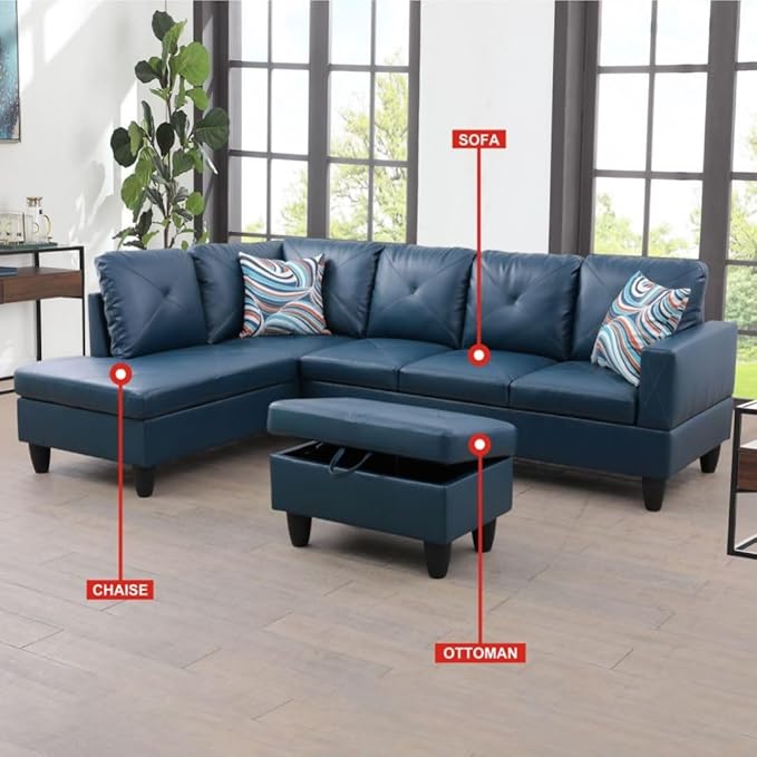 Deep Blue L-Shaped 3-Piece Faux Leather Sofa - Image 5
