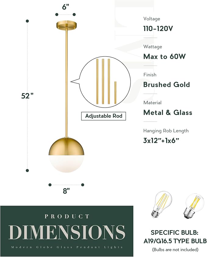 LMS Modern Pendant Lighting Gold Globe Pendant Light Fixture, Mid Century - Image 4